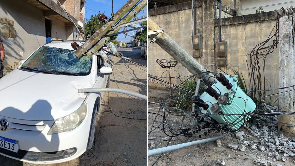 Poste cai sobre carro e proprietário fica no prejuízo em Linhares