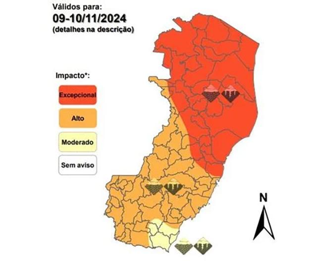 Alerta excepcional de chuva intensa em 35 cidades do Espírito Santo
